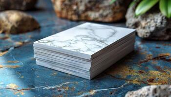 A stack of white cards with a marble pattern on them photo