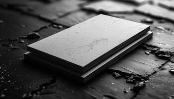 A white card with a black border sits on a stone surface photo