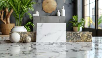 A white card with a marble on top of it photo
