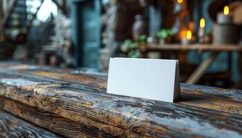 A white card is sitting on a wooden table photo