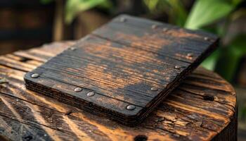 A wooden box with a brown surface and a few holes on it photo