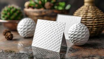 A white card with a folded corner sits on a table next to a white ball photo