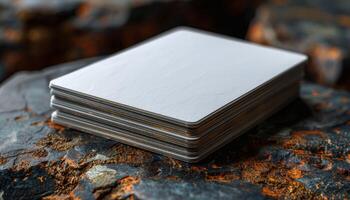 A stack of white playing cards is on a rock photo
