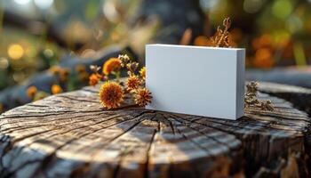 A white card is sitting on a log with flowers photo
