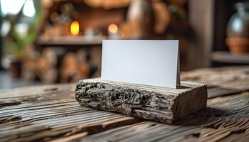 A white card is sitting on a wooden block photo
