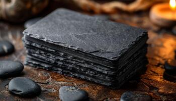 A stack of black cards with a candle in the background photo