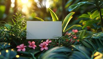 A white sign is placed in a lush green jungle photo