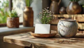 A white card sits on a wooden table next to a vase of flowers photo