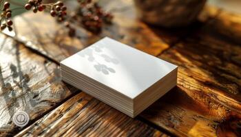 A white business card sits on a wooden table photo