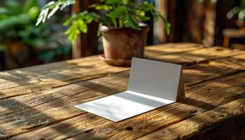 A white card is sitting on a wooden table next to a potted plant photo