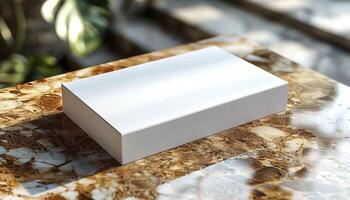 A white box sits on a brown table photo