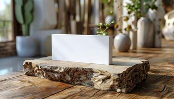 A white sign sits on a wooden block photo