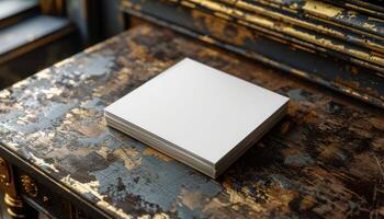 A white book sits on a table with a gold frame photo