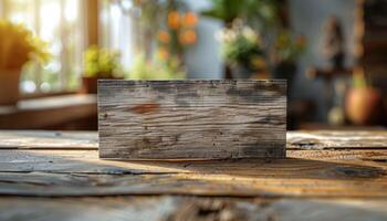 A wooden sign sits on a table in front of a window photo