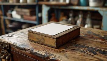 A wooden box with a white lid sits on a wooden table photo