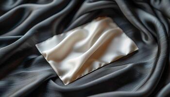 A white square is placed on a black fabric photo