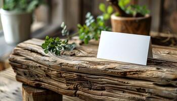 A white card is sitting on a wooden surface with a plant in the background photo