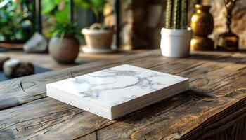 A stack of white marble paper is on a wooden table photo