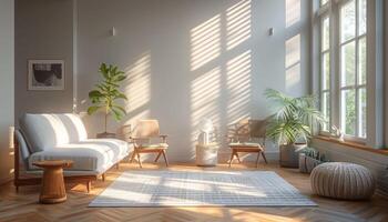 A large living room with a white couch, two chairs, and a potted plant photo