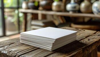 A stack of white papers sits on a wooden table photo