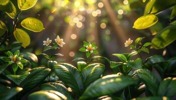 A close up of a garden with a few flowers and leaves photo