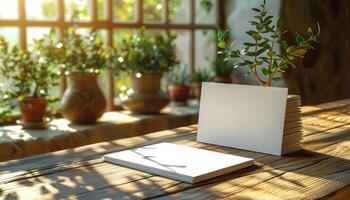 A white card sits on a wooden table next to a potted plant photo
