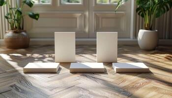 Three white boxes are on a wooden floor, with a window behind them photo