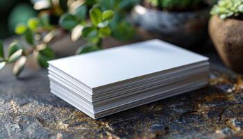 A stack of white business cards sits on a rock photo