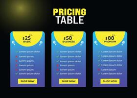 Business pricing plans table and pricing chart Price list for web or app. comparison, subscription features checklist and business plans. Product Compari vector