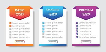 Business pricing plans table and pricing chart Price list for web or app. Ui UX pricing design vector