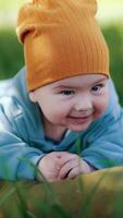 schön Kind lächelnd süß und suchen hoch. Baby ruhen auf Kissen im Gras Lügen halten Hände gefaltet im Vorderseite von ihn. verschwommen Hintergrund. Vertikale video