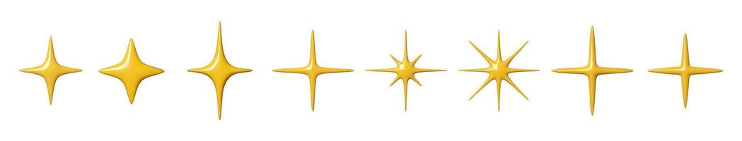 Set of 3D sparkling yellow stars in various shapes on a white background. Smooth and shiny elements for design and decoration. illustration for holiday vector