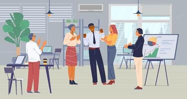Multiracial business team celebrates successful project in the open space office flat illustration. Cheerful colleagues congratulate each other, applauding, showing thumbs up. vector
