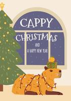 Cappy Christmas and happy New Year greeting card with funny capybara wrapped in garland illustration. vector