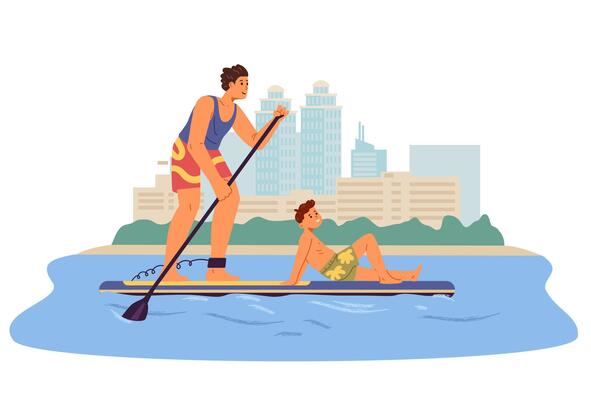 Father and son supsurfing together in the city flat illustration. Man rowing on standing up paddle.