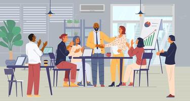 Multiracial business team celebrates successful project in the open space office flat illustration. Cheerful colleagues congratulate each other, shking hands, applauding, showing thumbs up. vector
