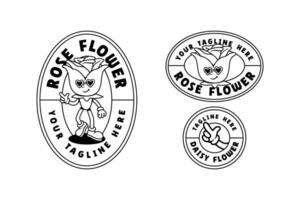funny rose flower buds outline retro cartoon character mascot illustration set with walking pose, smiling and hand pointing for florist, kids, beauty business mascots and merchandise vector