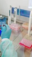 Close-up work of medical scientist with test tubes on sterile table. Hands in protective gloves of female assistant working with plastic vials in the laboratory. Vertical video