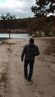 Man walking on nature. Aerial view of adult man walking near forest with lake Vertical video