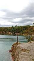 Aerial view over lake. Aerial view of forest with lake landscape Vertical video