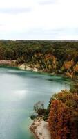 Forest lake landscape. Aerial view with drone of green forest and lake Vertical video