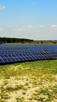 moderno solar estação. solar células dentro poder estação renovável energia a partir de natureza vertical video