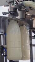 Upgraded technology in dairy factory. Plastic bottles filling with milk by mechanical machine. Process of pouring milk into plastic bottles moving in a circle. Dairy production. Vertical video
