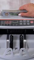 USD on money counting machine. Woman putting money into counting machine Vertical video