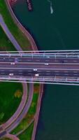 Diverse speed roads going in different directions. Cars going quickly along green areas and huge bridge. Vertical video