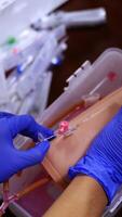 Dummy for practicing inserting catheter. Hands in blue latex gloves with medical neddle. Selective focus from above. Vertical video