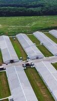 Farm buildings in countryside. Aerial view of building of the poultry farm in the field Vertical video