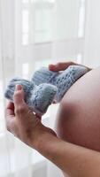 Pregnant lady stands with her face to the window. Mother plays with baby socks on her bag belly. The cat walks by on the window-sill behind the curtains. Vertical video