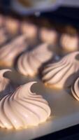 Creamy marshmallows being squeezed onto the conveyor belt. Well-coordinated work of the molding machine producing tasty sweets. Process in close up. Vertical video