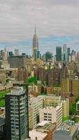 Diverse buildings in New York panorama. City combining usual structures with skyscrapers and green parks. Top view. Vertical video